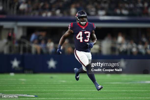 Neville Hewitt of the Houston Texans runs toward the ball carrier during an NFL game against the Dallas Cowboys at AT&T Stadium on August 21, 2021 in...