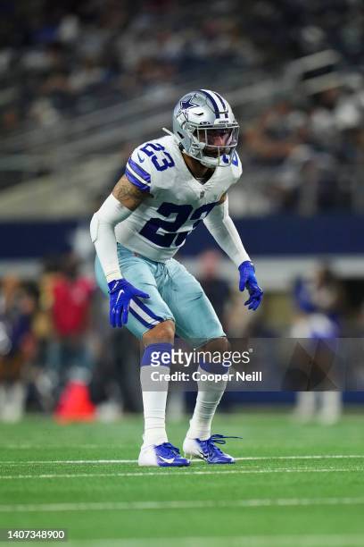 Darian Thompson of the Dallas Cowboys plays the field during an NFL game against the Houston Texans at AT&T Stadium on August 21, 2021 in Arlington,...