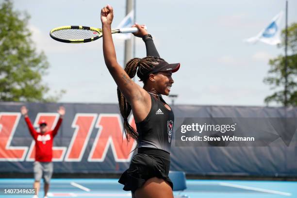 Jaeda Daniel of the NC State Wolfpack reacts against the Miami Hurricanes during the Division I Men’s and Women’s Singles and Doubles Tennis...