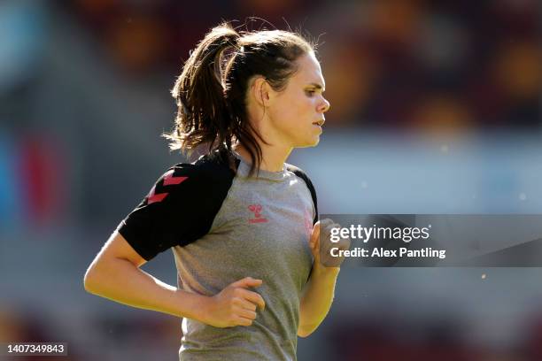 Simone Boye Sorensen of Denmark warms up during the UEFA Women's Euro 2022 Denmark Training Session at Brentford Community Stadium on July 07, 2022...