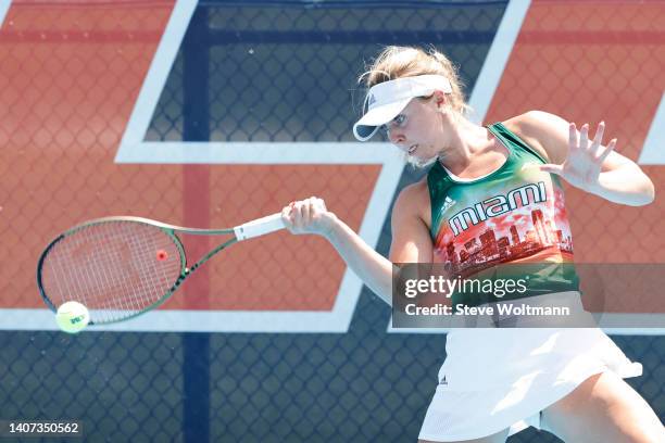 Eden Richardson of the Miami Hurricanes returns against the NC State Wolfpack during the Division I Men’s and Women’s Singles and Doubles Tennis...