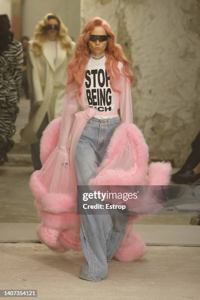 Model walks the runway during the Vetements Haute Couture Fall Winter 2022 2023 show as part of Paris Fashion Week on July 7, 2022 in Paris, France.