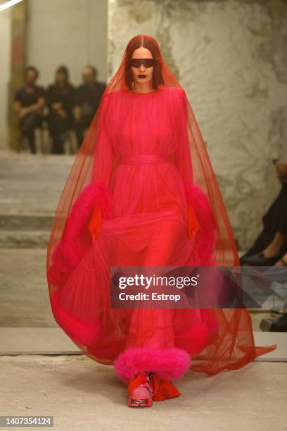 Model walks the runway during the Vetements Haute Couture Fall Winter 2022 2023 show as part of Paris Fashion Week on July 7, 2022 in Paris, France.