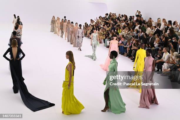 Models walk the runway during the Fendi Couture Haute Couture Fall Winter 2022 2023 show as part of Paris Fashion Week on July 07, 2022 in Paris,...