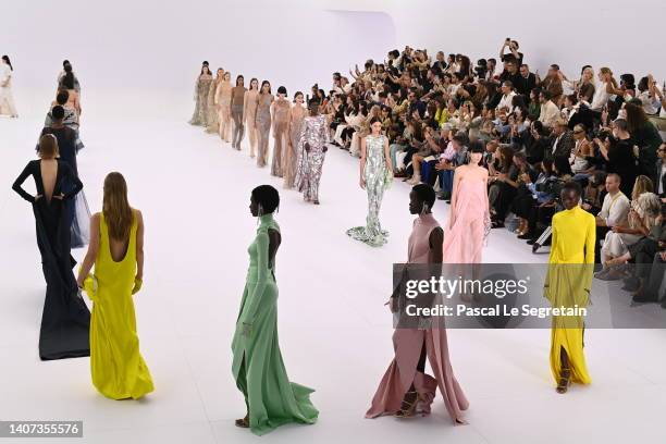 Models walk the runway during the Fendi Couture Haute Couture Fall Winter 2022 2023 show as part of Paris Fashion Week on July 07, 2022 in Paris,...