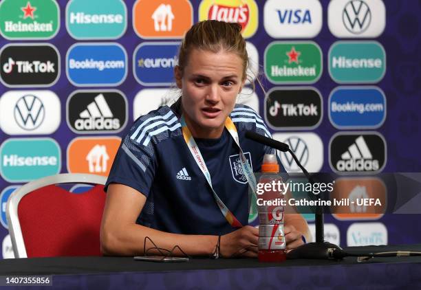 Irene Paredes of Spain speaks to the media during the UEFA Women's Euro 2022 Spain Press Conference And Training Session at Stadium mk on July 07,...