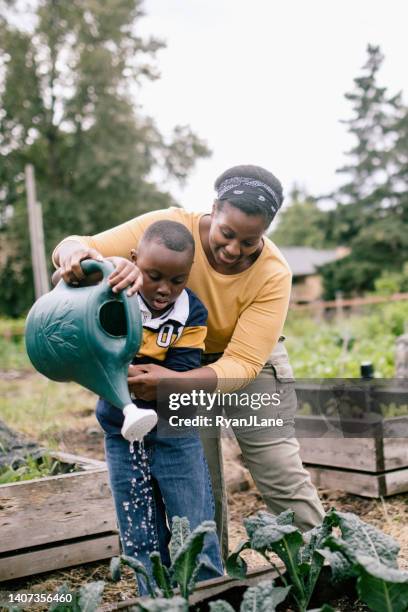 mother gardening with her children - community garden family stock pictures, royalty-free photos & images