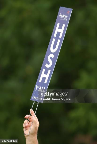An usher requests silence from the gallery during the first round of the Barbasol Championship at Keene Trace Golf Club on July 07, 2022 in...