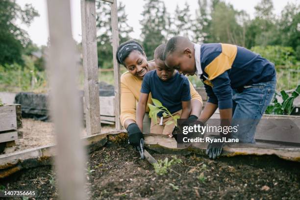 mother gardening with her children - african farming tools stock pictures, royalty-free photos & images