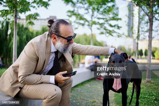 mature man playing with his dog in the city - middle age man and walking the dog stockfoto's en -beelden