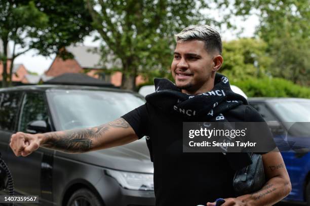 Bruno Guimaraes arrives for the Newcastle United Training session at the Newcastle United Training Centre on July 06, 2022 in Newcastle upon Tyne,...