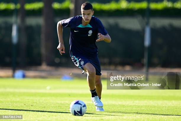 Valentín Carboni of FC Internazionale in action during the FC Internazionale training session at the club's training ground Suning Training Center at...