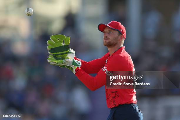 The England Captain, Jos Buttler catches the ball during the First Vitality Blast IT20 between England and India at Ageas Bowl on July 07, 2022 in...