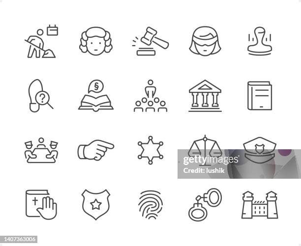 law & court icon set. editable stroke weight. pixel perfect icons. - bail law stock illustrations