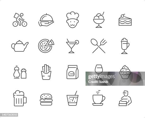 dining icon set. editable stroke weight. pixel perfect icons. - chips bag stock illustrations