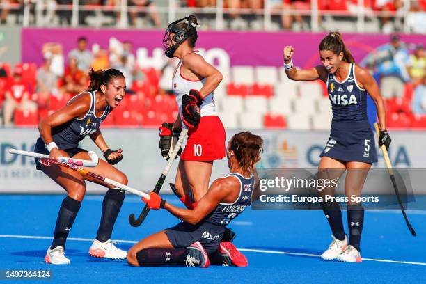 Maria Forcherio of Argentina celebrates a goal during the FIH Hockey Women's World Cup 2022, Pool C, hockey match played between Argentina v Canada...