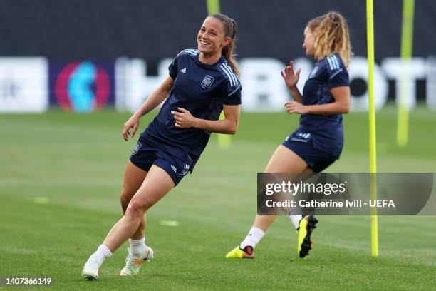 Ona Batlle of Spain warms up during the UEFA Women's Euro 2022 Spain Training Session at Stadium mk on July 07, 2022 in Milton Keynes, England.