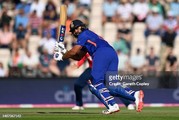 India captain Rohit Sharma bats during the 1st Vitality IT20 match between England and India at Ageas Bowl on July 07, 2022 in Southampton, England.