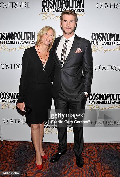 Actor Liam Hemsworth and his mother, Leonie Hemsworth attend the Cosmopolitan Fun Fearless Men and Women of 2012 at the Mandarin Oriental Ballroom on...