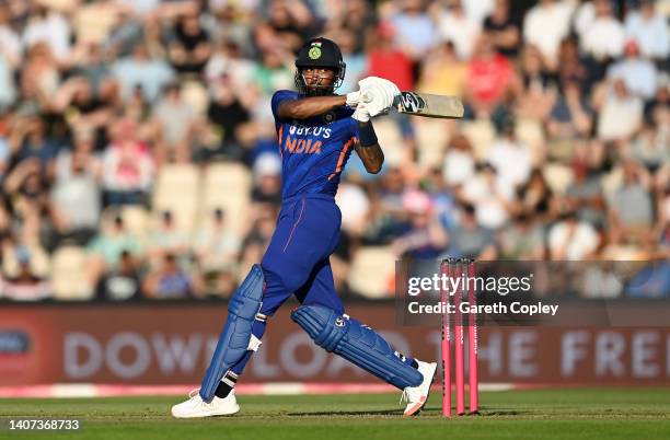 Hardik Pandya of India bats during the 1st Vitality IT20 match between England and India at Ageas Bowl on July 07, 2022 in Southampton, England.