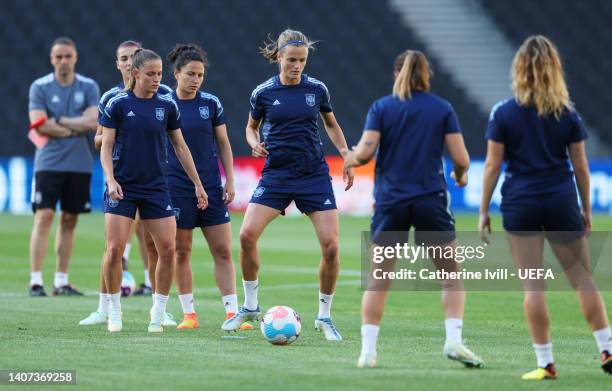 Irene Paredes of Spain trains during the UEFA Women's Euro 2022 Spain Training Session at Stadium mk on July 07, 2022 in Milton Keynes, England.