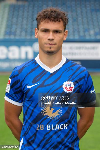 Lukas Scherff of F.C. Hansa Rostock poses during the team presentation at Ostseestadion on July 07, 2022 in Rostock, Germany.