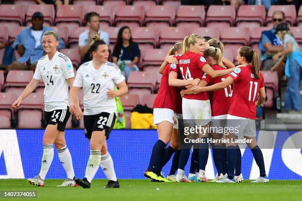 Caroline Graham Hansen of Norway celebrates with teammates after scoring their team's third goal from the penalty spot during the UEFA Women's Euro...