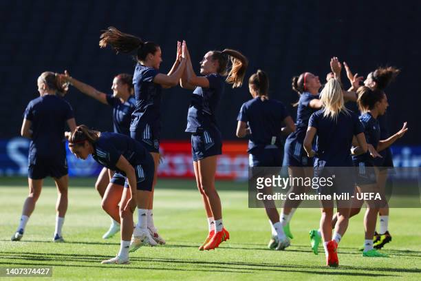 Player of Spain train during the UEFA Women's Euro 2022 Spain Press Conference And Training Session at Stadium mk on July 07, 2022 in Milton Keynes,...