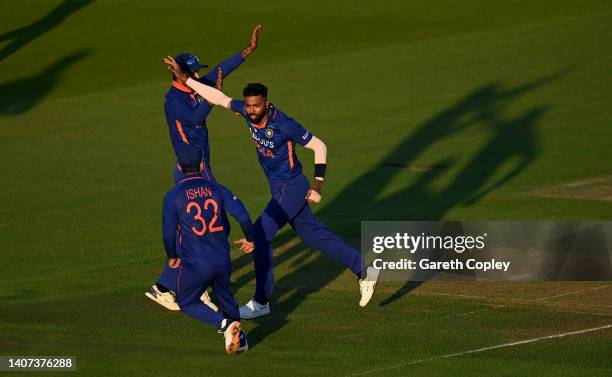 Hardik Pandya of India celebrates dismissing Liam Livingstone of England during the 1st Vitality IT20 match between England and India at Ageas Bowl...