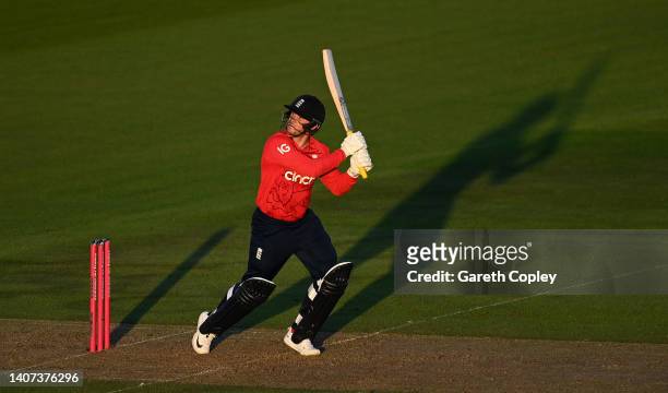 Jason Roy of England bats during the 1st Vitality IT20 match between England and India at Ageas Bowl on July 07, 2022 in Southampton, England.
