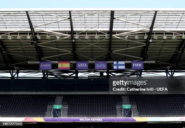 View of the Spain and Austria flags ahead of the UEFA Women's EURO 2022 Finland Press Conference And Training Session at Stadium mk on July 07, 2022...