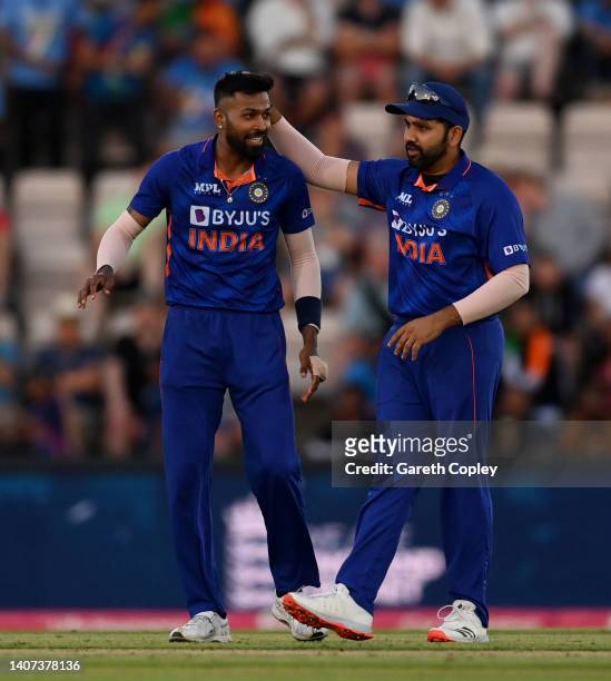 Hardik Pandya of India celebrates with Rohit Sharma after dismissing Sam Curranduring the 1st Vitality IT20 match between England and India at Ageas...