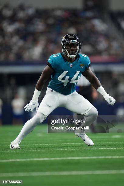 Myles Jack of the Jacksonville Jaguars plays the field during an NFL game against the Dallas Cowboys at AT&T Stadium on August 29, 2021 in Arlington,...