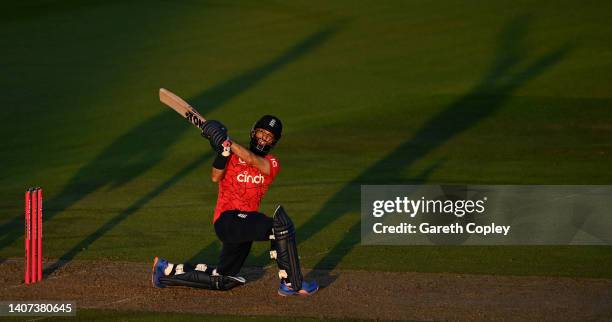 Moeen Ali of England bats during the 1st Vitality IT20 match between England and India at Ageas Bowl on July 07, 2022 in Southampton, England.