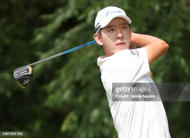 Seung-Yul Noh of South Korea plays his tee shot on the seventh hole during the first round of the Barbasol Championship at Keene Trace Golf Club on...