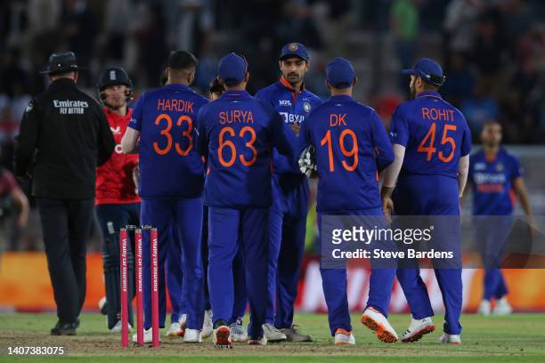 The India players celebrate their victory over England during the First Vitality Blast IT20 between England and India at Ageas Bowl on July 07, 2022...