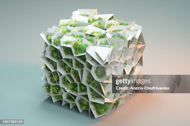 green organic cube - 3d city stockfoto's en -beelden