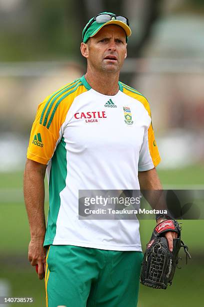 Coach Gary Kirsten looks on during a South African team training session at University Oval on March 6, 2012 in Dunedin, New Zealand.