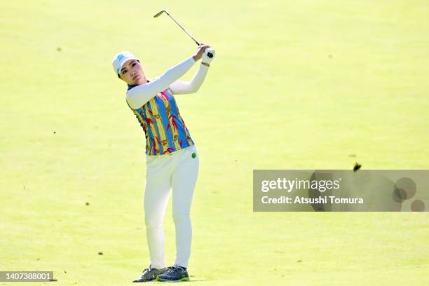 Sayaka Takahashi of Japan hits her third shot on the 3rd hole during the first round of Nipponham Ladies Classic at Katsura Golf Club on July 07,...