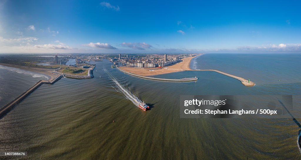 Drone panorama over the harbor of the Belgian city of Oostende,Ostend,Belgium