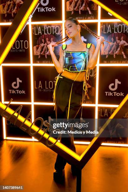 Argentine singer Tini Stoessel poses for photos during a press conference to present new single 'La Loto' featuring Becky G and Anitta on July 6,...