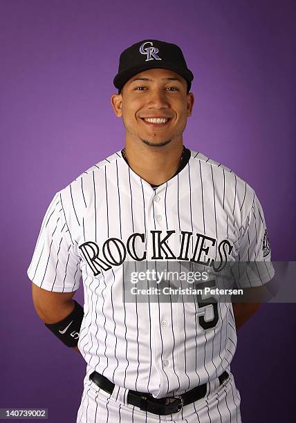 Carlos Gonzalez of the Colorado Rockies poses for a portrait during spring training photo day at Salt River Fields at Talking Stick on February 28,...