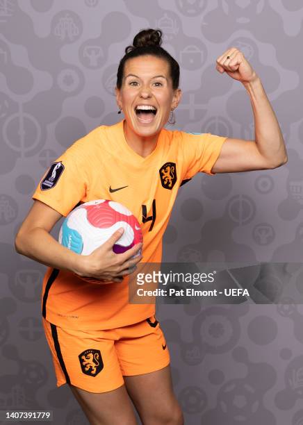 Merel van Dongen of Netherlands poses for a portrait during the official UEFA Women's EURO 2022 portrait session on July 06, 2022 in Worsley, England.