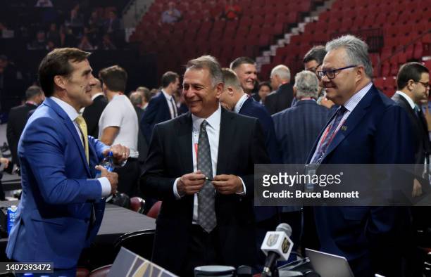 George McPhee of the Vegas Golden Knights, Ken Holland of the Edmonton Oilers and Kelly McCrimmon of the Vegas Golden Knights talk prior to Round One...