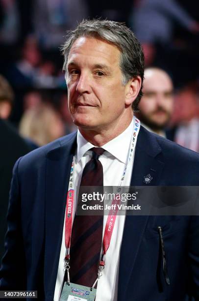 President Brendan Shanahan of the Toronto Maple Leafs looks on prior to the first round of the 2022 Upper Deck NHL Draft at Bell Centre on July 07,...