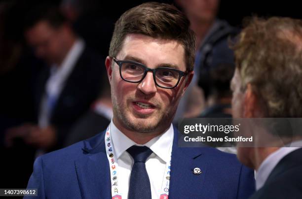 General manager Kyle Dubas of the Toronto Maple Leafs looks on prior to the first round of the 2022 Upper Deck NHL Draft at Bell Centre on July 07,...