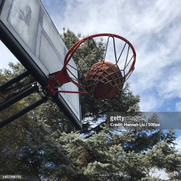 low angle view of basketball hoop against sky,oakville,ontario,canada - oakville ontario stock pictures, royalty-free photos & images