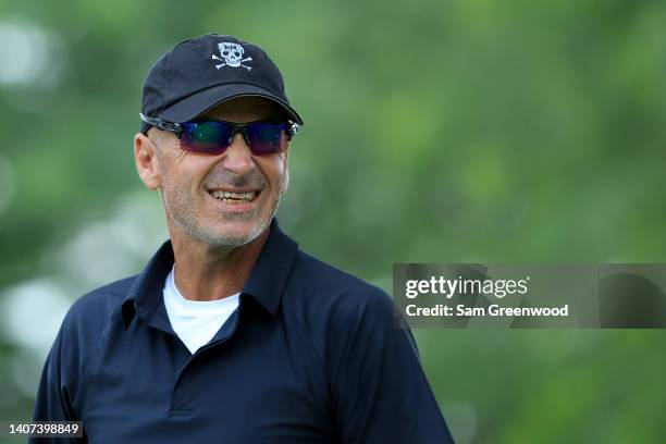 Rocco Mediate smiles on the 18th hole during the first round of the Bridgestone SENIOR PLAYERS Championship at Firestone Country Club on July 07,...