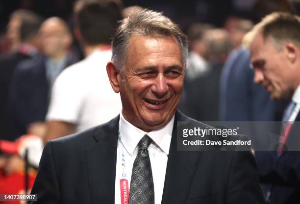 General manager Ken Holland of the Edmonton Oilers laughs on the draft floor prior to the first round of the 2022 Upper Deck NHL Draft at Bell Centre...