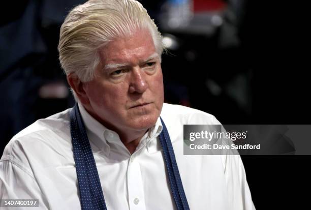 President of hockey operations Brian Burke of the Pittsburgh Penguins looks on prior to the first round of the 2022 Upper Deck NHL Draft at Bell...